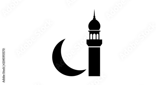 Minimalist black silhouette icon featuring a mosque minaret and a crescent moon.