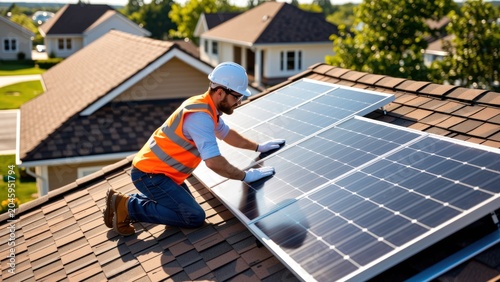 professional contractor fixing solar panels on shingle roof