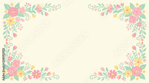Beautiful floral border with pastel roses and leaves creating a charming frame on a cream background, perfect for invitations and decorations