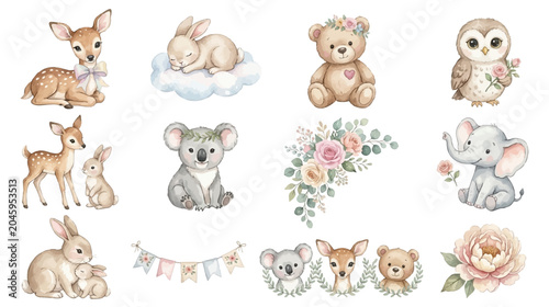Photography Cute watercolor woodland animal clipart collection with soft floral accents, pastel nursery theme