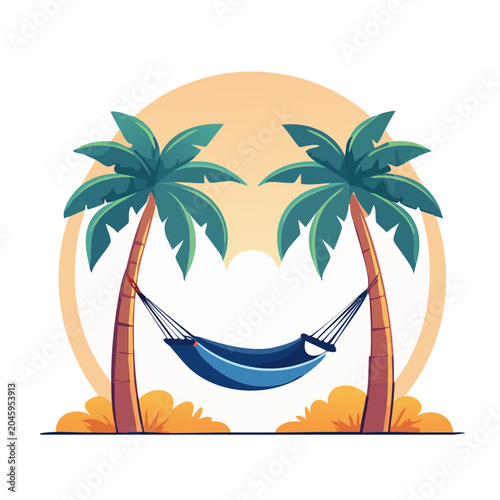 Hammock hanging between two palm trees at sunset