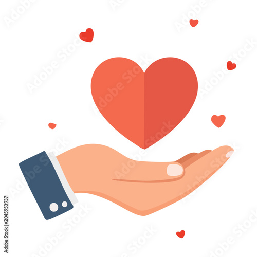 Hand holding a red heart with small hearts floating around