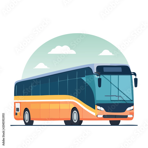 Modern orange bus illustration with clouds in the background