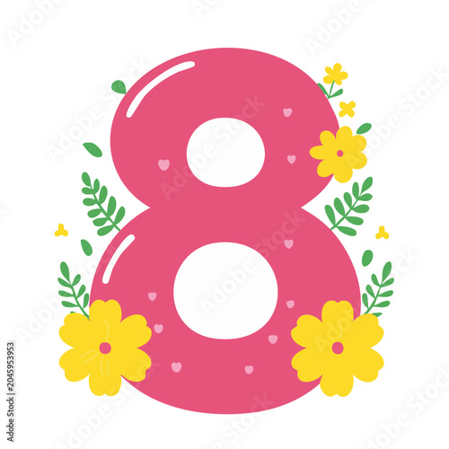 Number 8 decorated with flowers and leaves