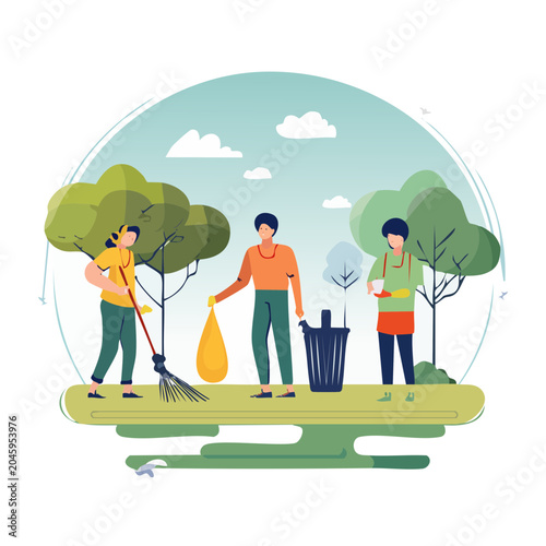 People cleaning a park with trash bags and brooms