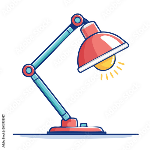 Red and blue articulated desk lamp with light bulb
