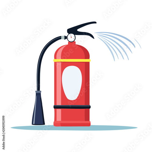 Red fire extinguisher spraying water, flat design