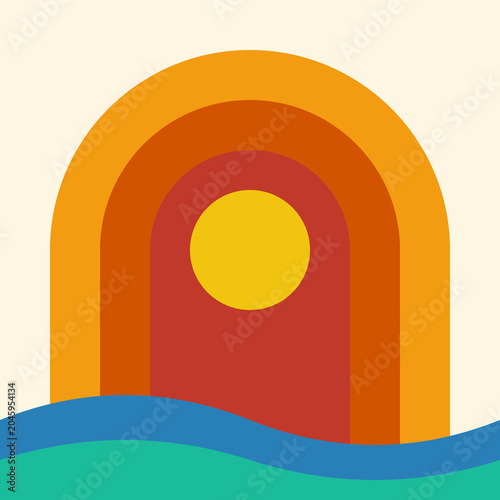 Vászonkép Minimalist retro sunset illustration with geometric archways and abstract ocean