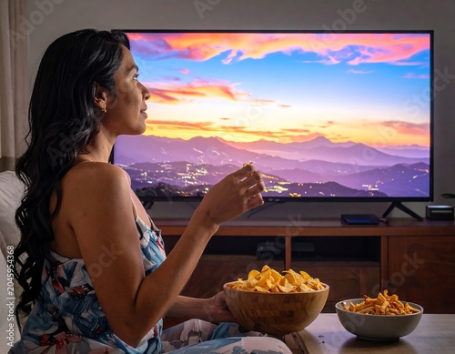Woman eating chips in front of a television screen showing mountains at sunset