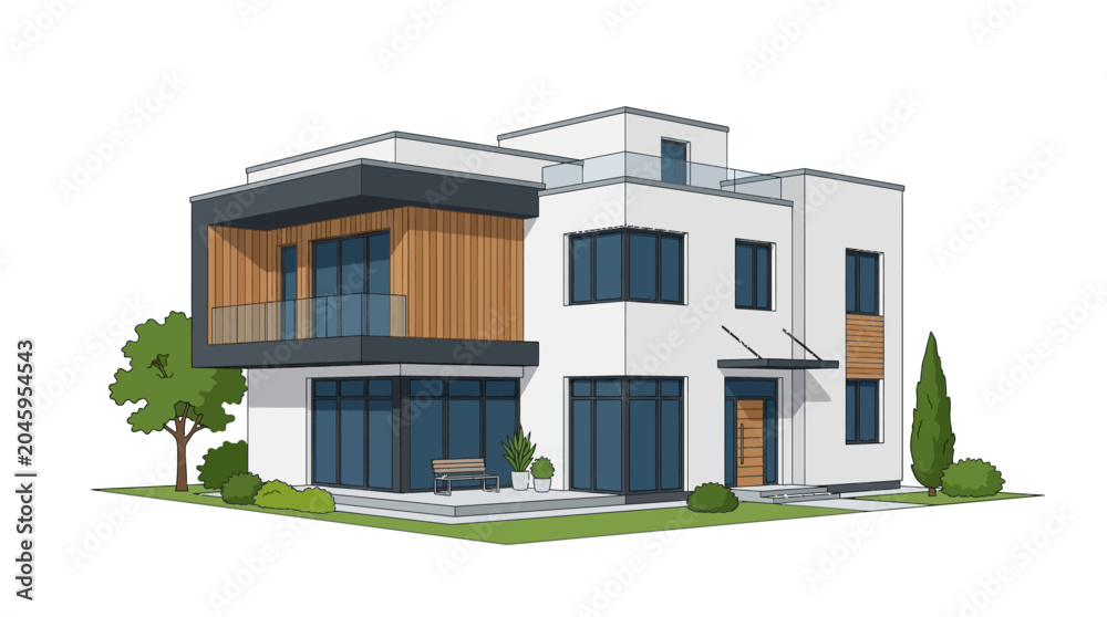 Obraz premium Modern house with wooden accents exterior.