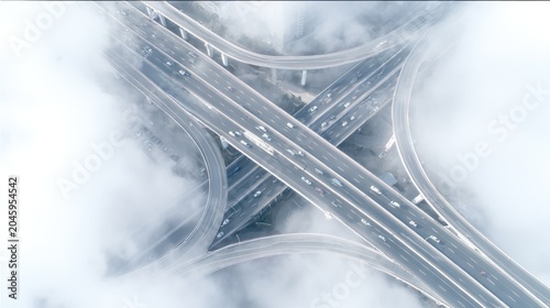 overpasses. Aerial view of a highway with repeating arch-shaped overpasses in morning mist. mobility guides, transit brochures, designed for mobility and urban transit guides, used by copywriters.