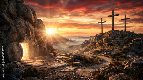 Crosses on cliff at sunset with ocean waves and dramatic sky