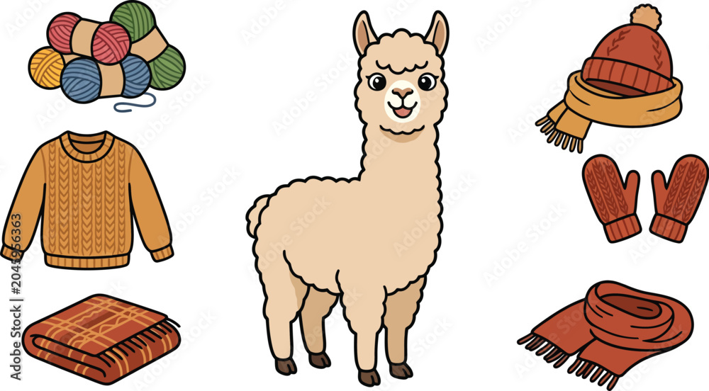 Fototapeta premium Alpaca vector cartoon winter wool clothing design isolated