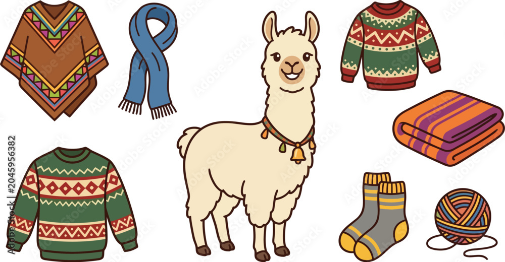 Fototapeta premium Llama vector cartoon winter wool clothing design isolated