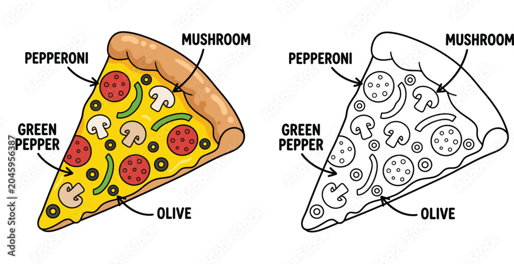 Obraz premium Educational pizza slice cartoon with topping labels, colored and black-white line art coloring page for kids vocabulary learning activity.