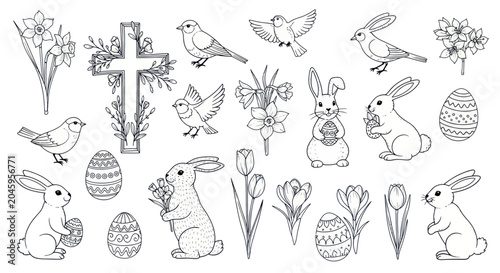 Photography Easter bunny eggs birds flowers cross illustration