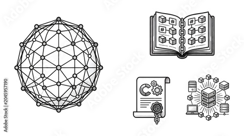 blockchain technology icon set  monochrome black and white design