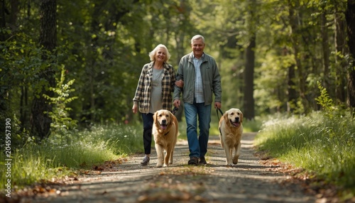 There is a man and woman walking down a path with two dogs