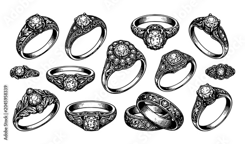 Fotografía Antique Gold Engagement Rings Vintage Women Jewelry Hand Drawn Sketch Vector Set