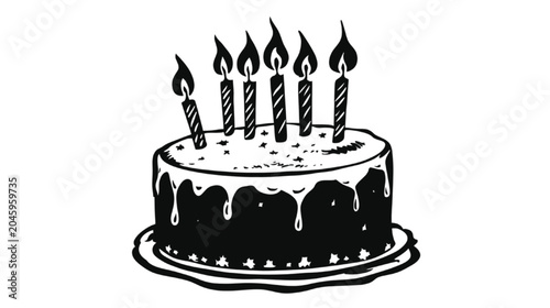 Birthday cake features a smooth, creamy texture with melting frosting edges and six glowing candle flames that create a festive, celebratory mood against a clean, stark white background for design.