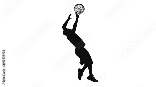 Basketball player reaches toward the rim with precise form to demonstrate technical skill and focus in this stark black and white silhouette designed for impactful sports marketing materials.