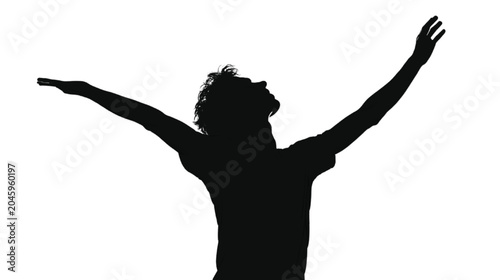 Person stands with arms outstretched against a bright white background to convey a sense of freedom, spiritual liberation, and immense joy in a minimalist composition that features ample copy space.