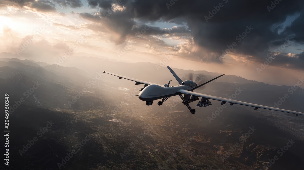 Fototapeta premium Drone surveillance operations in remote areas aerial photography dramatic skies high-altitude views technology impact