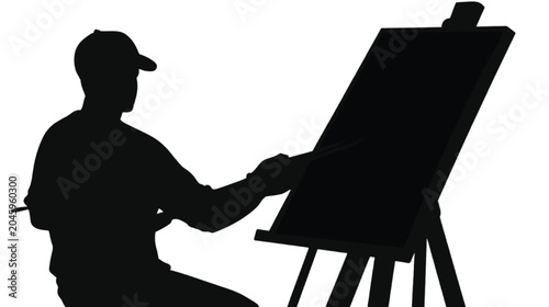 Painter silhouette sits on a stool while focused on the canvas, demonstrating the meticulous nature of artistic craft through a high-contrast dark shape that allows for versatile design layouts.