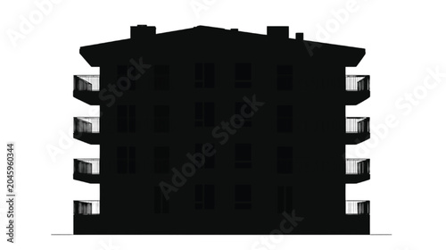 Building silhouette represents a multi-story residential apartment complex, featuring distinct balcony structures and a dark, solid facade that stands out clearly against the bright white canvas.