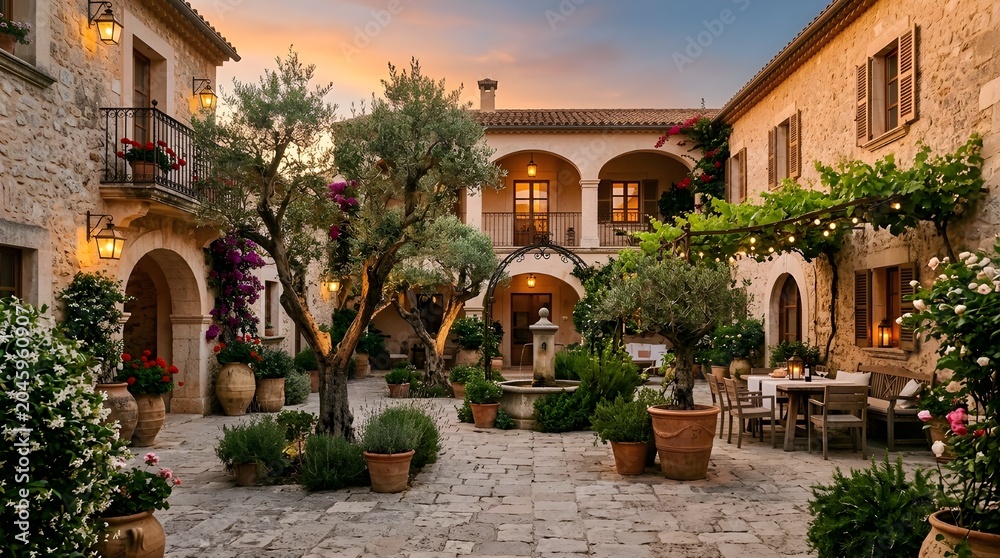 Fototapeta premium Exquisite Mediterranean Stone Villa Courtyard and Patio Formal Al Fresco Dining Area with Wooden Table Pergola Covered Ivy Vine Olive Trees Central Water Fountain Beautiful Garden Estate Sunset 
