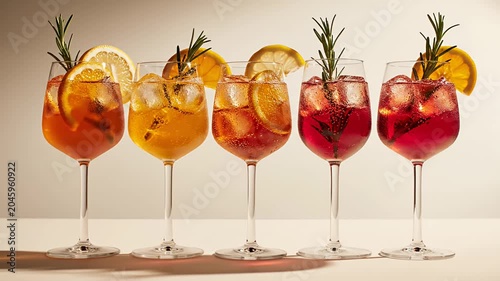 Row of orange spritz cocktails with citrus and rosemary.