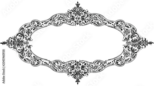 Frame border featuring intricate black filigree swirls provides an elegant decorative element for formal invitations and vintage stationery designs on a clean white background with ample copy space.