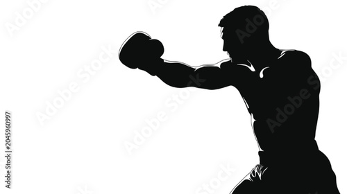 Boxer performs a sharp, powerful jab while wearing textured leather gloves against a bright, high-contrast white background that emphasizes the athletic silhouette of his muscular upper body.