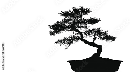 Bonsai tree silhouette stands as a striking black graphic element with detailed textures and a balanced form that provides an ideal centerpiece for sophisticated and clean visual communication.
