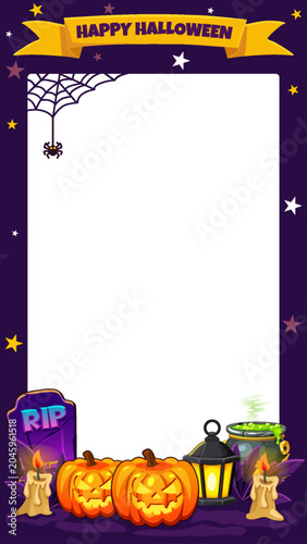 Halloween social media stories template with cute cartoon pumpkins and tombstone.