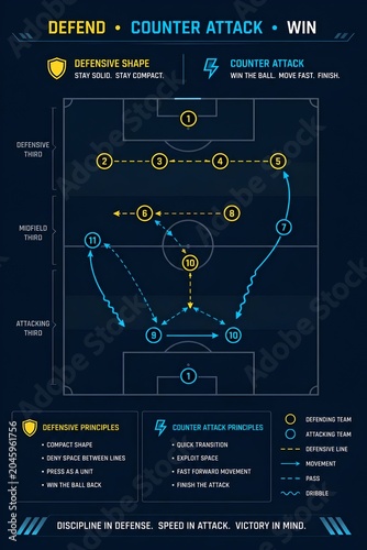 Detailed soccer tactical diagram illustrating defensive principles and counter attack strategies for professional football teams on a dark blue background
