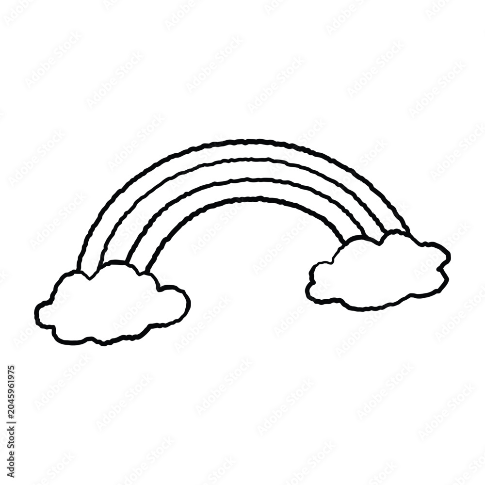 Fototapeta premium Black outline doodle of a rainbow arch connecting two fluffy white cartoon clouds.