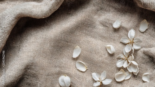 Organic cosmetic background with natural linen fabric texture and white flower petals