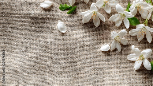 Organic cosmetic background with natural linen fabric texture and white flower petals