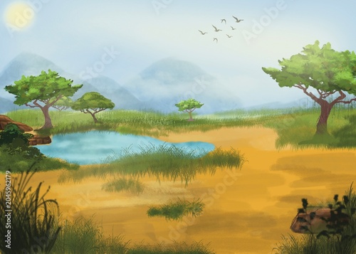 Peaceful African savannah landscape with acacia trees, a waterhole, golden grasslands, distant misty mountains, and flying birds. Hand-painted digital illustration for nature and travel themes.
