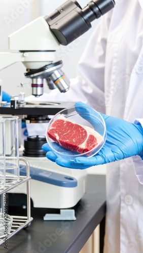 professional scientist inspecting laboratory grown meat alternative next to bioreactor