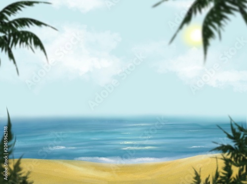 Sunny tropical beach with calm ocean waves, golden sand, blue sky, and palm leaves framing the scene. Hand-painted digital illustration ideal for travel and summer themes.