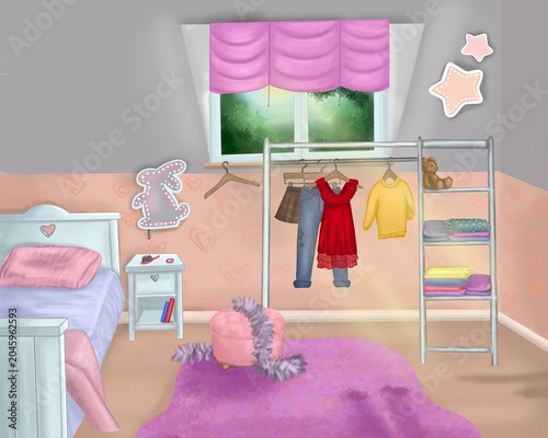 Cute children's bedroom with pastel decor, bed, clothes rack, toys, and cozy furnishings. Hand-painted interior illustration ideal for kids' books, nursery themes, and home design.