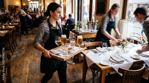 Female server carrying a tray with drinks and snacks in a busy restaurant interior, with other staff members attending to tables and patrons in the background