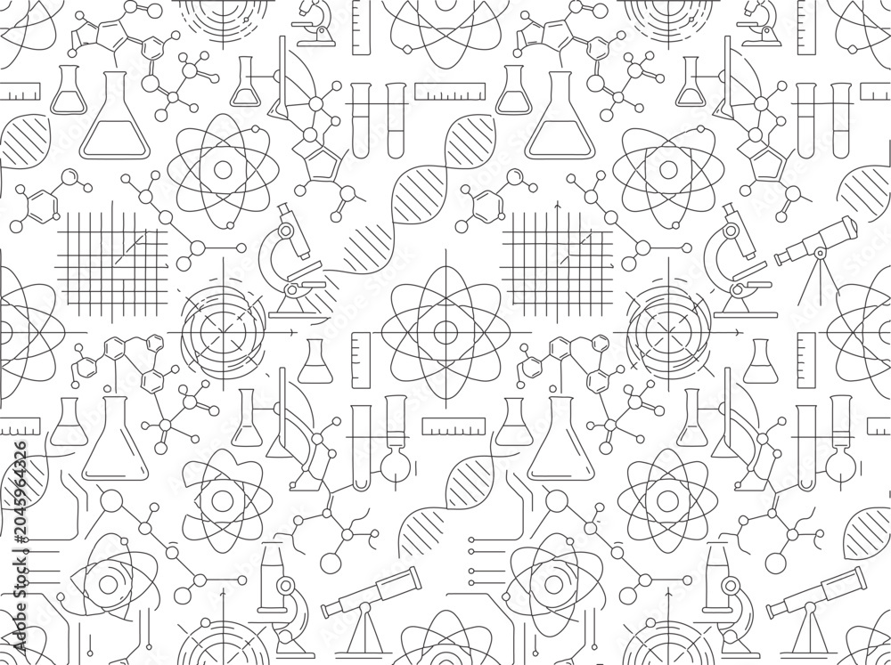 Obraz premium Science Education and Laboratory Research Seamless Pattern with Chemistry Flask Microscope DNA Atom and Telescope Line Art Vector Background for Coloring Book