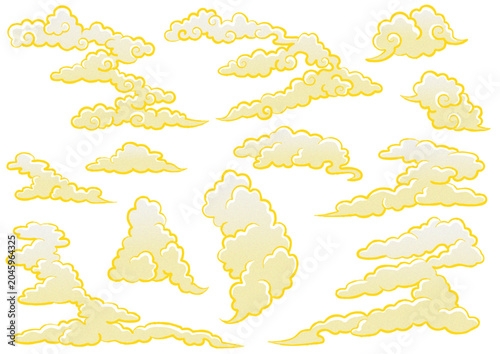 和風の手描きの雲のイラストセット　黄色