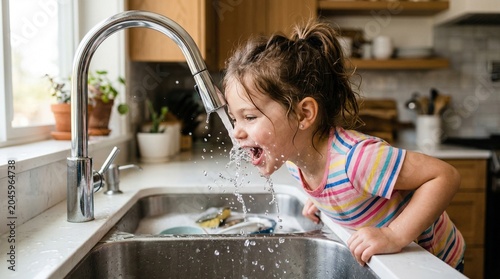 Young girl with brown hair playfully drinking water from kitchen faucet, standing at a stainless steel sink with dishes and plants in the background
