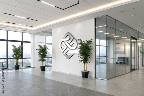 Modern office lobby with abstract logo wall art