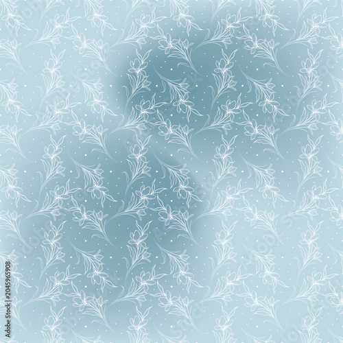 Elegant Pastel Blue Seamless Floral Pattern with White Outline Botanical Sketches and Polka Dots