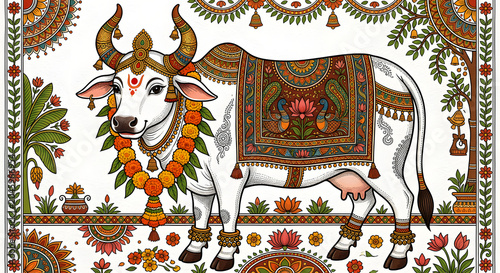 Sacred White Cow Gomata Traditional Indian Temple Wall Painting on Saffron Orange Background with Mandala and Lotus, Hindu Folk Art Mural